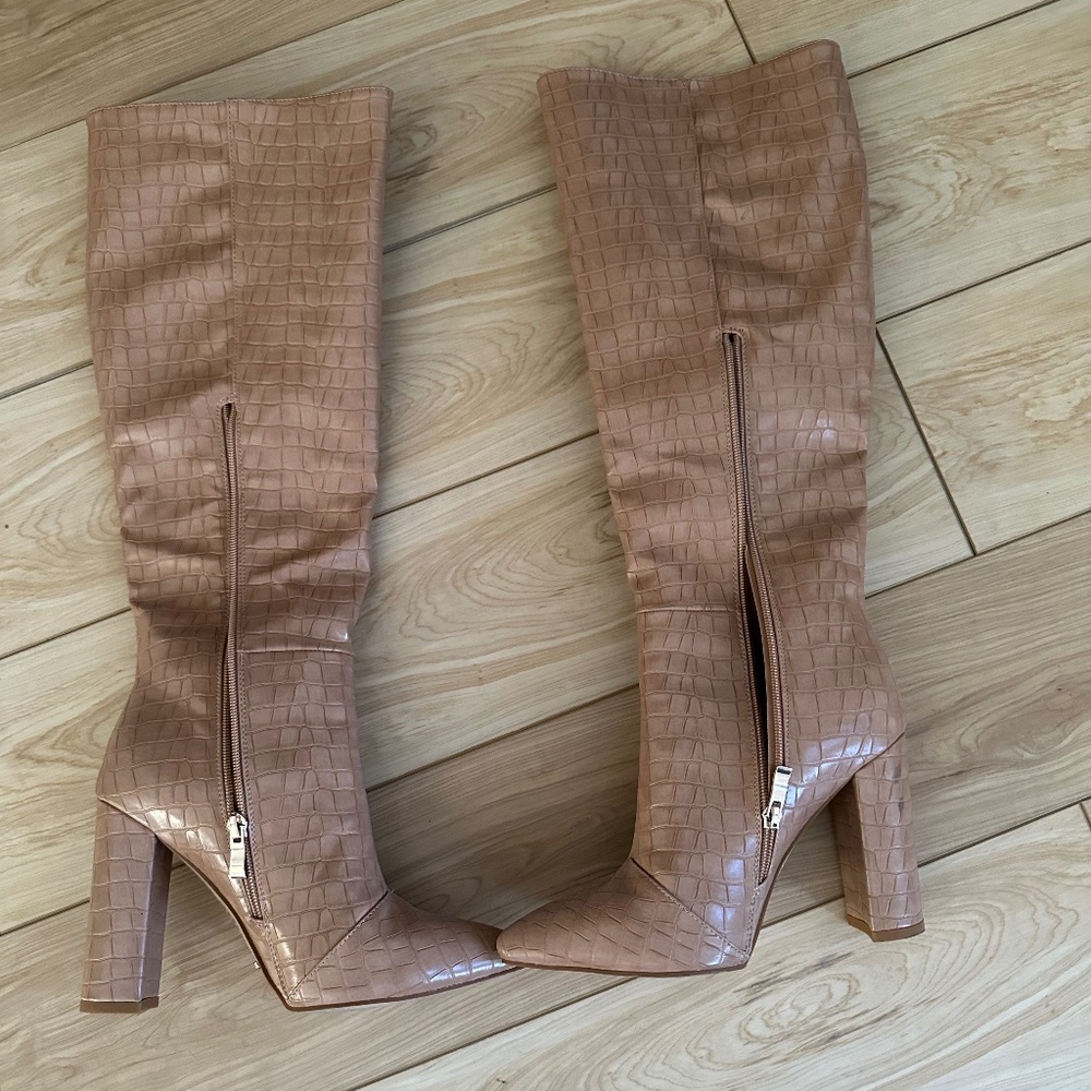 Tan Faux Croc Crocodile Tall Boots - Sz 8